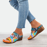 Sohiwoo  Women Floral Platform Wedges Open Toe Cutout Slide Mule Sandals