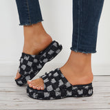 Sohiwoo  Denim Plaid Platform Wedges Open Toe Slide Sandals