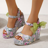 Sohiwoo Women Floral Print Lace Up Platform Wedges Peep Toe Ankle Strap Sandals