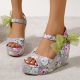 Sohiwoo Women Floral Print Lace Up Platform Wedges Peep Toe Ankle Strap Sandals