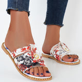 Sohiwoo Women Floral Printed Flat Slippers Open Toe Slide Sandals