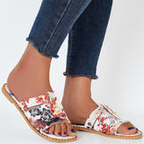 Sohiwoo Women Floral Printed Flat Slippers Open Toe Slide Sandals