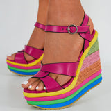 Sohiwoo Crisscross Ankle Strap Espadrilles Rainbow Platform Wedge Sandals