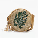 Sohiwoo Leaf Embroidered Crossbody Bag Woven Straw Round Purse Tassel Decor Beach Bag