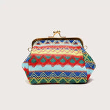 Sohiwoo Boho Straw Woven Kiss Lock Metal Chain Clutch Textured Frame Purse Crossbody Bag