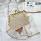 Sohiwoo Boho Straw Woven Kiss Lock Metal Chain Clutch Textured Frame Purse Crossbody Bag