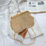 Sohiwoo Boho Straw Woven Kiss Lock Metal Chain Clutch Textured Frame Purse Crossbody Bag