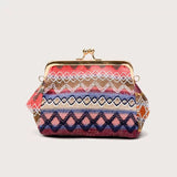 Sohiwoo Boho Straw Woven Kiss Lock Metal Chain Clutch Textured Frame Purse Crossbody Bag