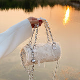 Sohiwoo Retro Cylinder Bag Crossbody Bag With Pearl Metal Chain Versatile Handbag & Coin Purse