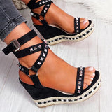 Sohiwoo Women Rivet Decor Strappy Wedges Espadrille Platform Ankle Strap Sandals