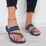 Sohiwoo Women Summer Slippers Toe Ring Wide Flat Sandals Denim Slide Sandals