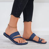 Sohiwoo Women Summer Slippers Toe Ring Wide Flat Sandals Denim Slide Sandals