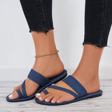 Sohiwoo Women Summer Slippers Toe Ring Wide Flat Sandals Denim Slide Sandals