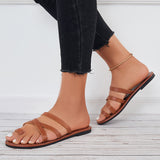 Sohiwoo Women Brown Toe Ring Wide Slide Sandals Flat Beach Slippers