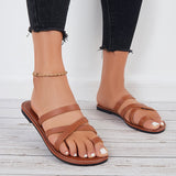 Sohiwoo Women Brown Toe Ring Wide Slide Sandals Flat Beach Slippers