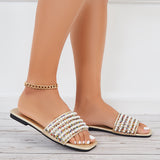 Sohiwoo Women Pearls Decor Flat Slide Sandals Square Toe Beach Slippers