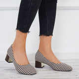 Sohiwoo Women Plaid Chunky Block Low Heel Pumps Square Toe Office Shoes