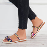 Sohiwoo Women Ruched Floral Print Ankle Strap Sandals Flat Summer Shoes