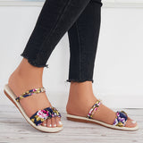 Sohiwoo Women Ruched Floral Print Ankle Strap Sandals Flat Summer Shoes