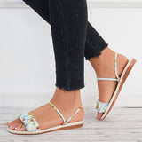 Sohiwoo Women Ruched Floral Print Ankle Strap Sandals Flat Summer Shoes