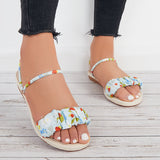 Sohiwoo Women Ruched Floral Print Ankle Strap Sandals Flat Summer Shoes