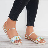 Sohiwoo Women Ruched Floral Print Ankle Strap Sandals Flat Summer Shoes