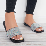 Sohiwoo  Women Rhinestone Slide Sandals Shiny Round Toe Flat Slippers