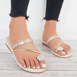 Sohiwoo  Women Rhinestone Toe Ring Flat Slippers Clip Toe Flip Flops Sandals