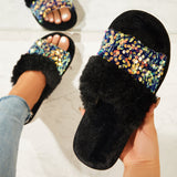 Sohiwoo Women Shiny Open Toe Faux Fur Slippers Furry Soft Slip on Shoes