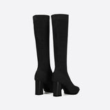 Sohiwoo Women MOUSSE FIT Women Knit Comfort Chunky Heeled High Boots