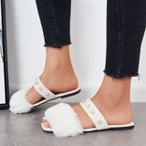 Sohiwoo Women Summer Faux Fur Slippers Slide Sandals Square Toe Flats Shoes