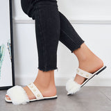 Sohiwoo Women Summer Faux Fur Slippers Slide Sandals Square Toe Flats Shoes