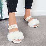 Sohiwoo Women Summer Faux Fur Slippers Slide Sandals Square Toe Flats Shoes