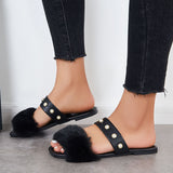 Sohiwoo Women Summer Faux Fur Slippers Slide Sandals Square Toe Flats Shoes