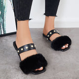 Sohiwoo Women Summer Faux Fur Slippers Slide Sandals Square Toe Flats Shoes