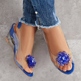 Sohiwoo Rhinestone Flower Wedge Heels Clear Peep Toe Slingback Sandals