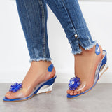 Sohiwoo Rhinestone Flower Wedge Heels Clear Peep Toe Slingback Sandals