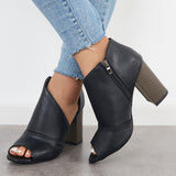 Sohiwoo Black Cut Out Peep Toe Pumps Chunky Block Heel Ankle Boots