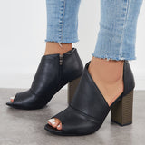 Sohiwoo Black Cut Out Peep Toe Pumps Chunky Block Heel Ankle Boots