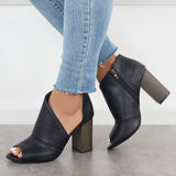 Sohiwoo Black Cut Out Peep Toe Pumps Chunky Block Heel Ankle Boots