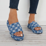 Sohiwoo  Denim Plaid Platform Wedges Open Toe Slide Sandals