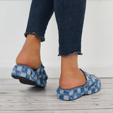 Sohiwoo  Denim Plaid Platform Wedges Open Toe Slide Sandals