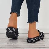 Sohiwoo  Denim Plaid Platform Wedges Open Toe Slide Sandals