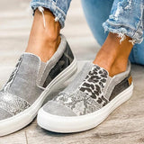 Sohiwoo  Women Vintage Sneakers Casual Loafers Pieced Raw Edge Animal Print Canvas Slip-On Flats