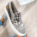 Sohiwoo  Women Vintage Sneakers Casual Loafers Pieced Raw Edge Animal Print Canvas Slip-On Flats