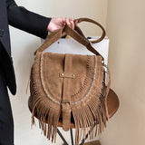 Sohiwoo Boho Style Fringe Crossbody Bag Vintage Suede Shoulder Bag Cowgirl Style Tassel Flap Hobo Bag